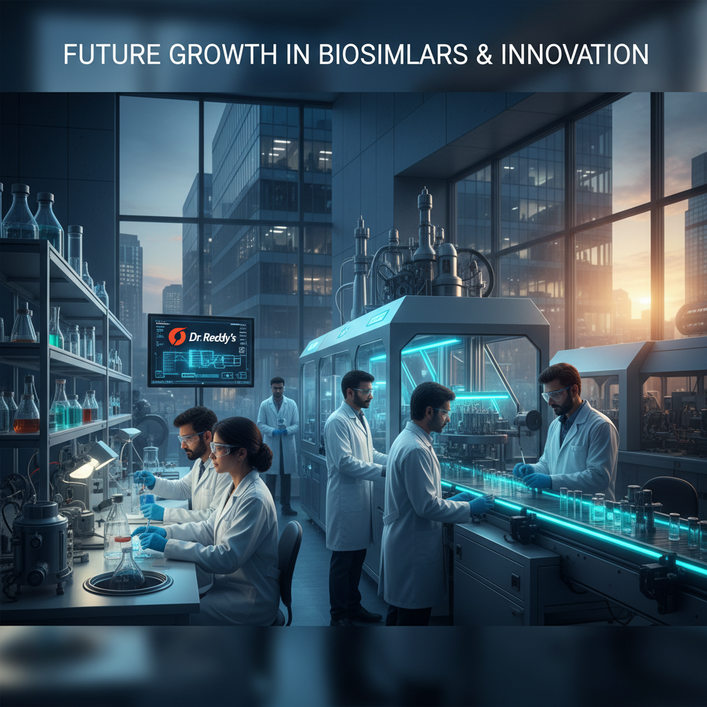 Scientists working in a modern pharmaceutical lab with a Dr. Reddy's logo on a screen, symbolizing innovation.