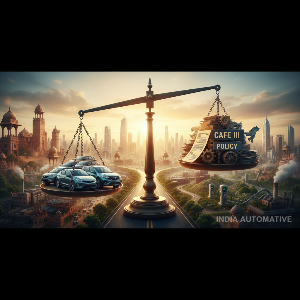 A large scale balancing beam, with cars on one side and policy documents on the other, set against an Indian city.