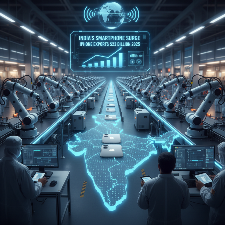 ** A futuristic factory with robotic arms assembling iPhones on a glowing map of India, representing the country's rising tech exports.