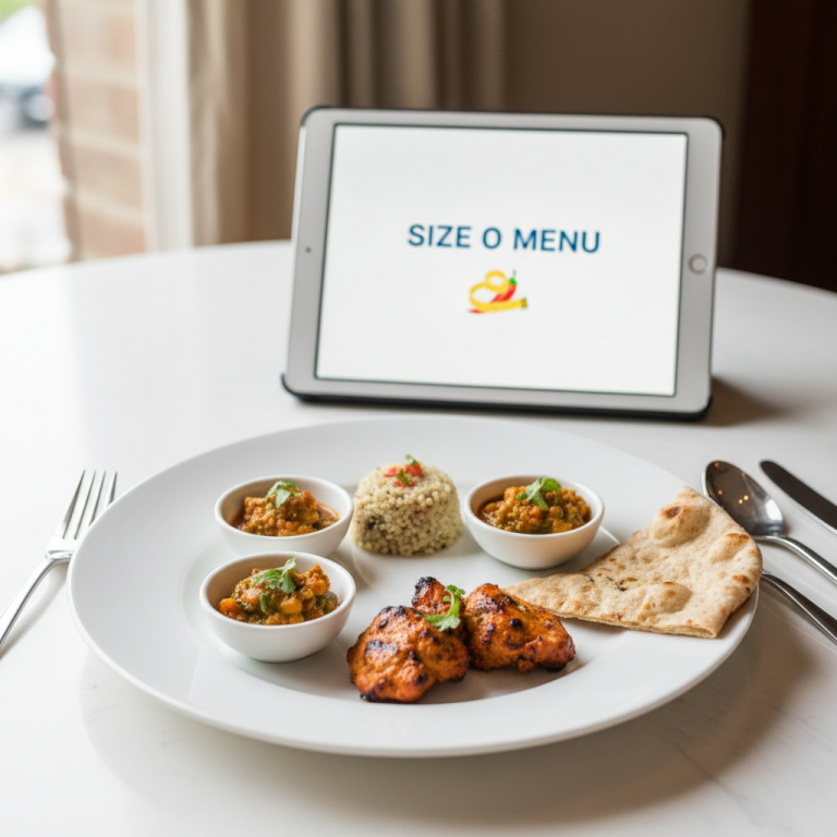 A modern Indian meal with smaller portions and a tablet displaying "Size O Menu" to reflect adapting to weight-loss drug trends.