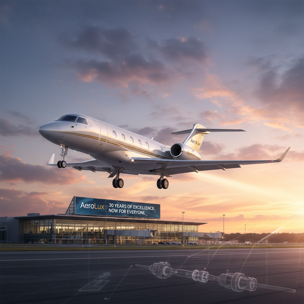 A private jet takes off from an airport at sunset, with a large billboard for AeroLux visible in the background.