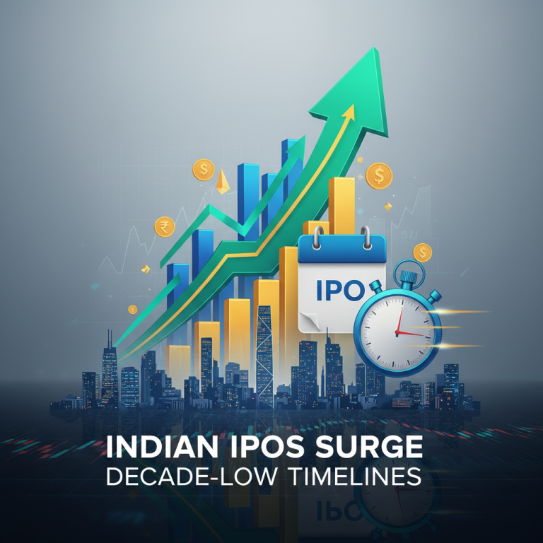 A stylized image showing a city skyline, a growing bar chart, a calendar marked "IPO," and a fast-moving stopwatch.