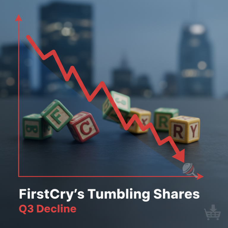 ** A red downward trend line overlays scattered alphabet blocks spelling "FirstCry," depicting a stock market decline.