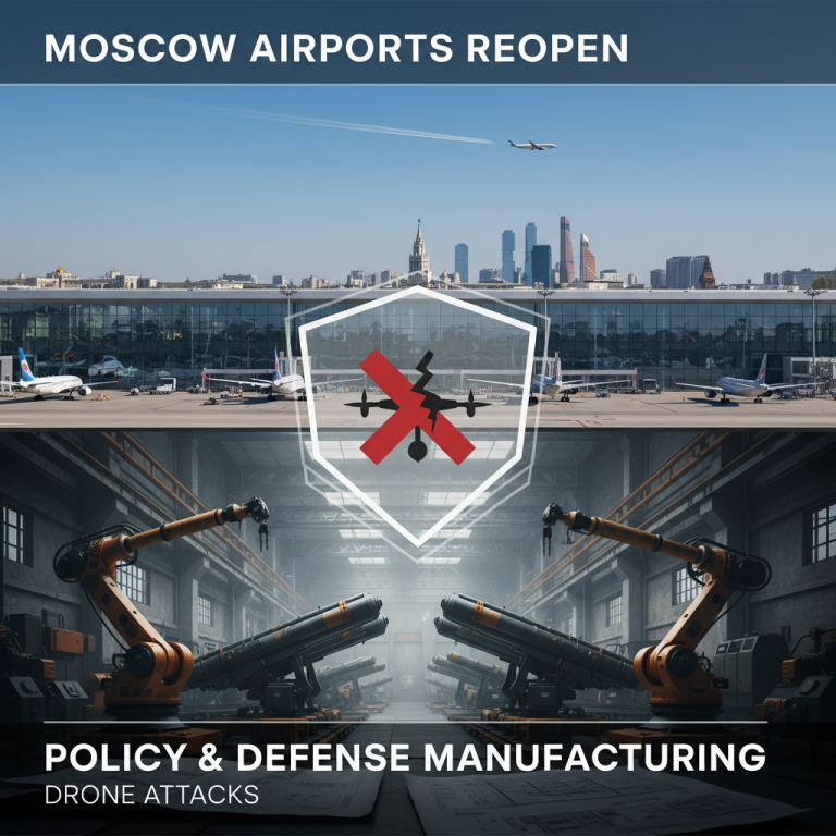 A composite image showing Moscow's airport with a drone attack symbol and a defense manufacturing factory.