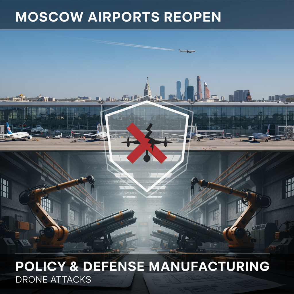 A composite image showing Moscow's airport with a drone attack symbol and a defense manufacturing factory.