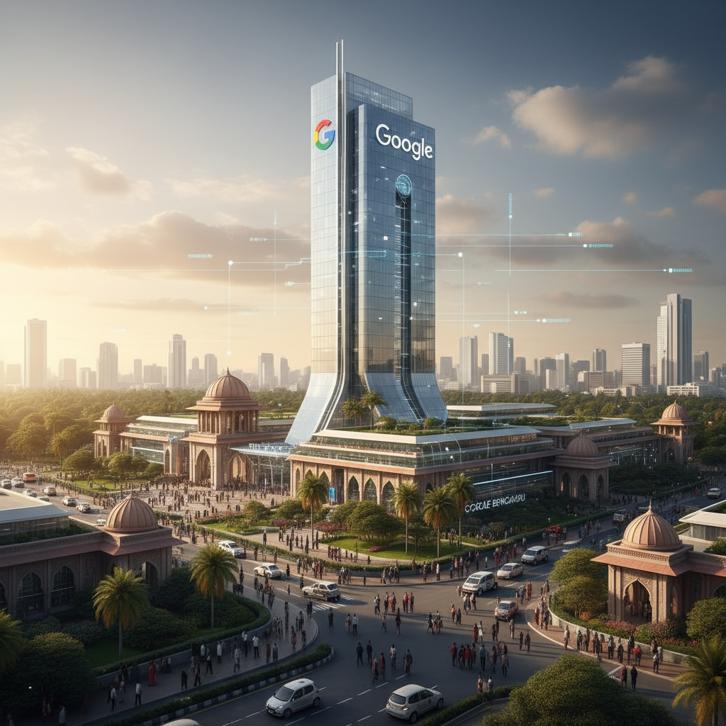 A towering, modern Google building with a futuristic design in a bustling Bengaluru cityscape at sunset, reflecting growth.