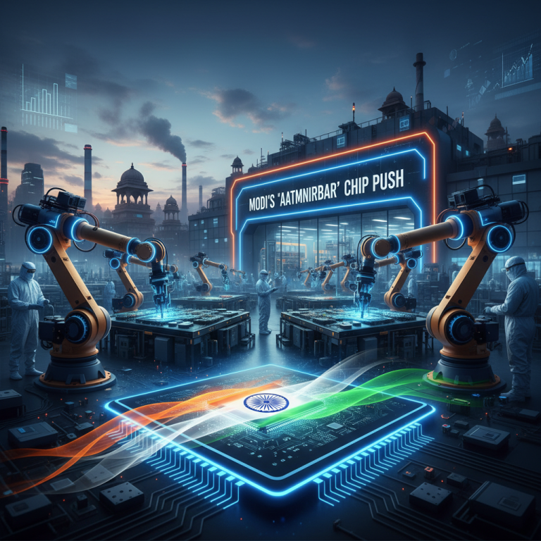 Robotic arms assemble microchips in a futuristic factory with the Indian flag on a chip, symbolizing India's tech ambition.