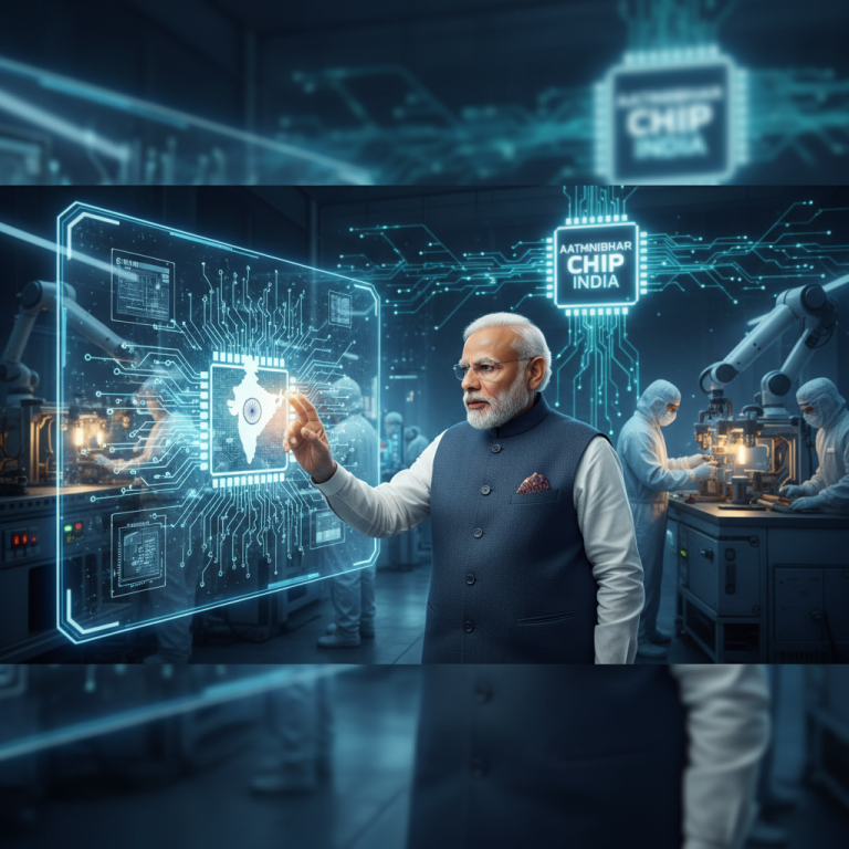 PM Modi interacts with a holographic chip interface in a high-tech manufacturing facility.
