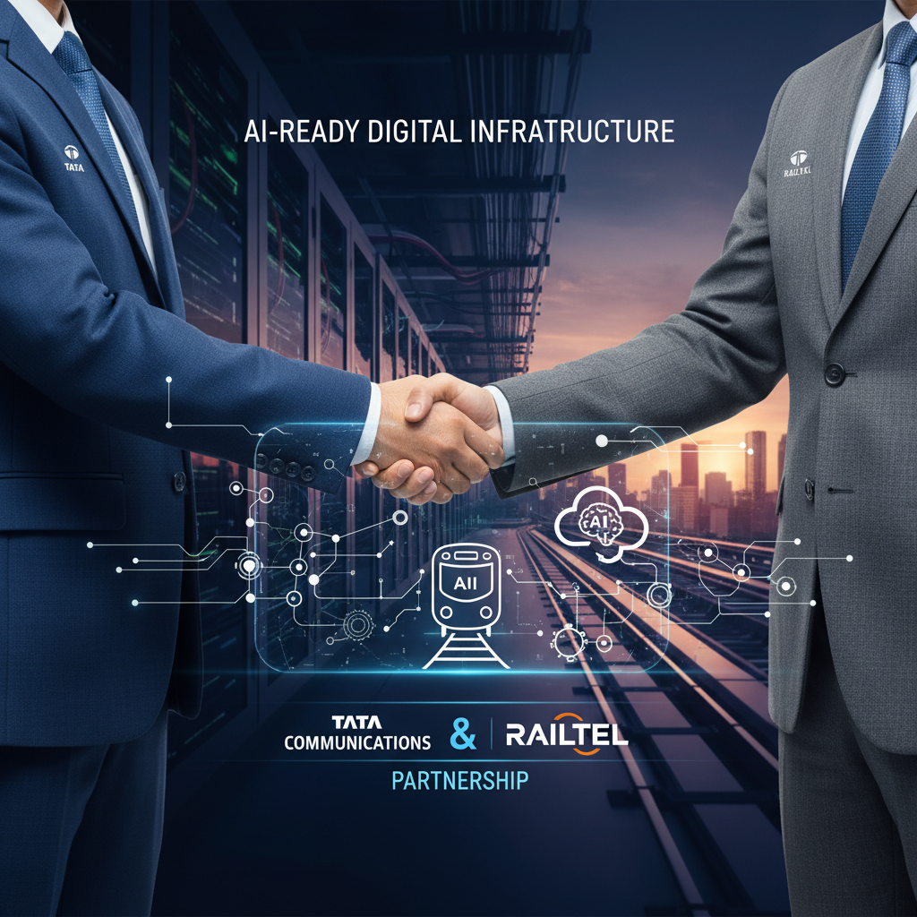 Two businessmen shaking hands, with a digital overlay showing a train and cloud icons, symbolizing an AI partnership.