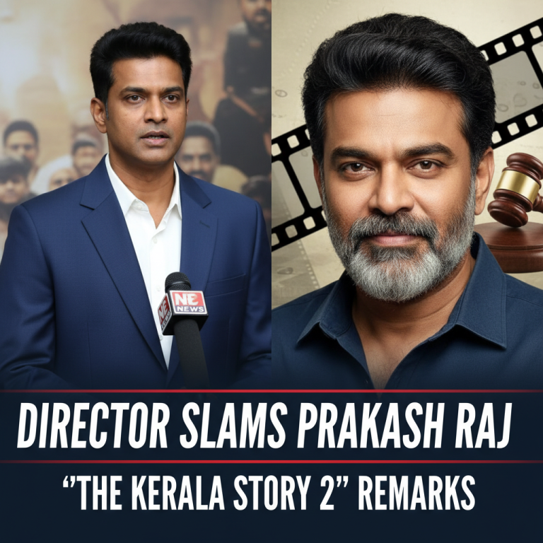 Split image. Left: A director speaking at a press conference. Right: Actor Prakash Raj, with film reel and gavel icons.