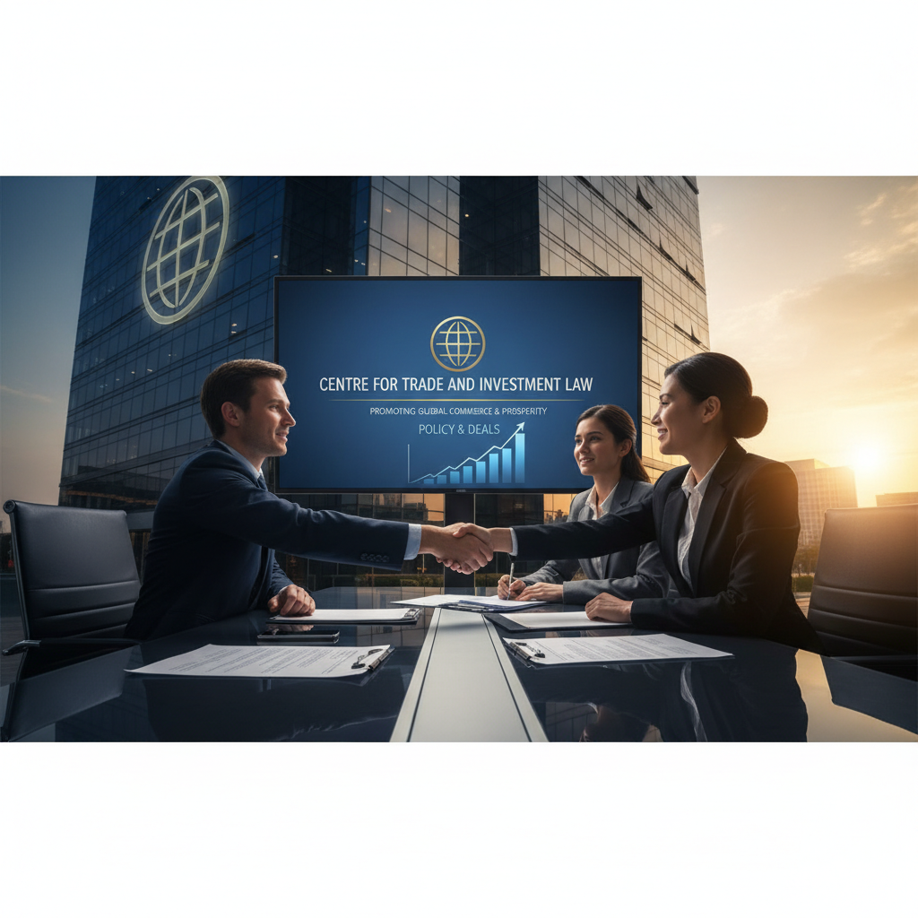 Two business professionals shaking hands across a table, with a modern building and logo in the background.
