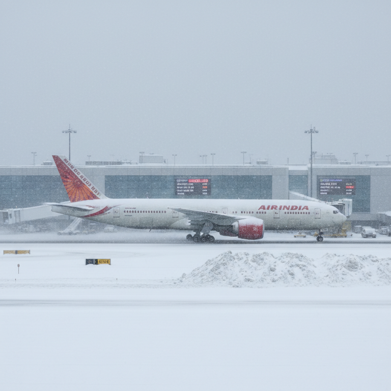 An Air India plane covered in snow at an airport during a blizzard, with a terminal building in the background.