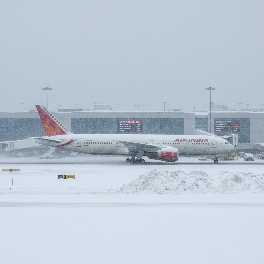 An Air India plane covered in snow at an airport during a blizzard, with a terminal building in the background.