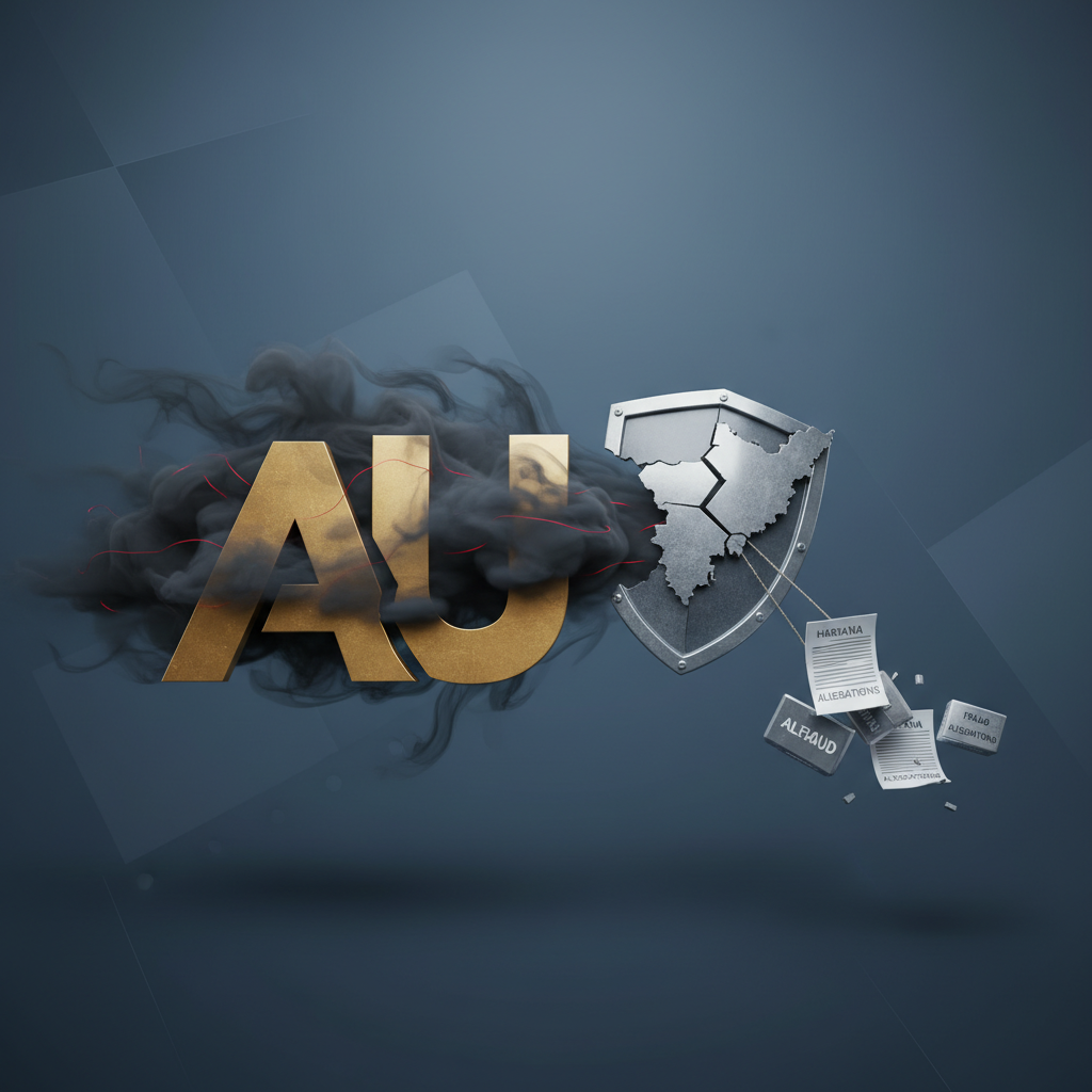 A professional visual representing fraud allegations against AU Small Finance Bank in Haryana, showing a shield breaking.