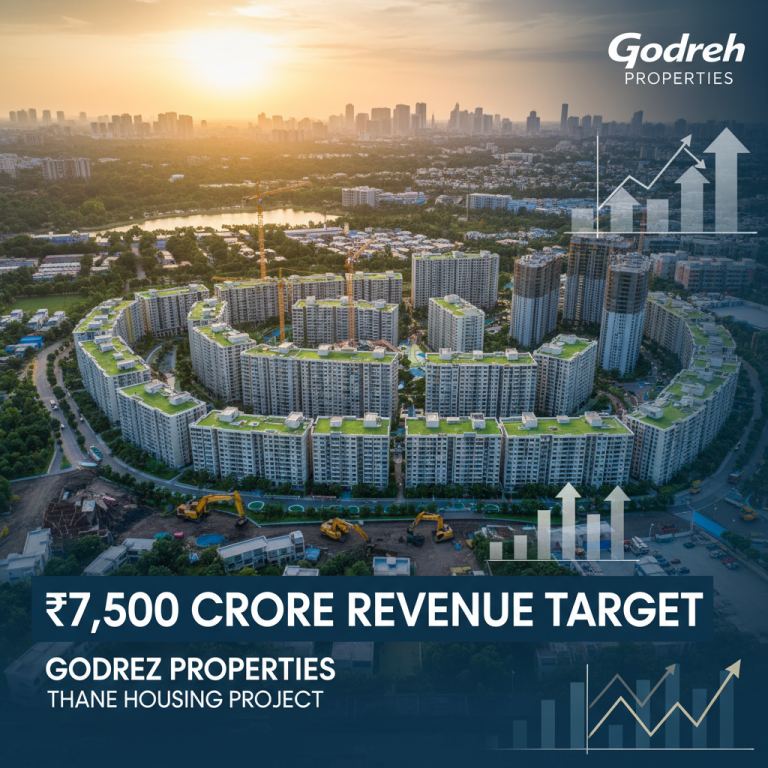 Aerial view of a large housing project under construction with the Godrej Properties logo and a growth chart overlay.