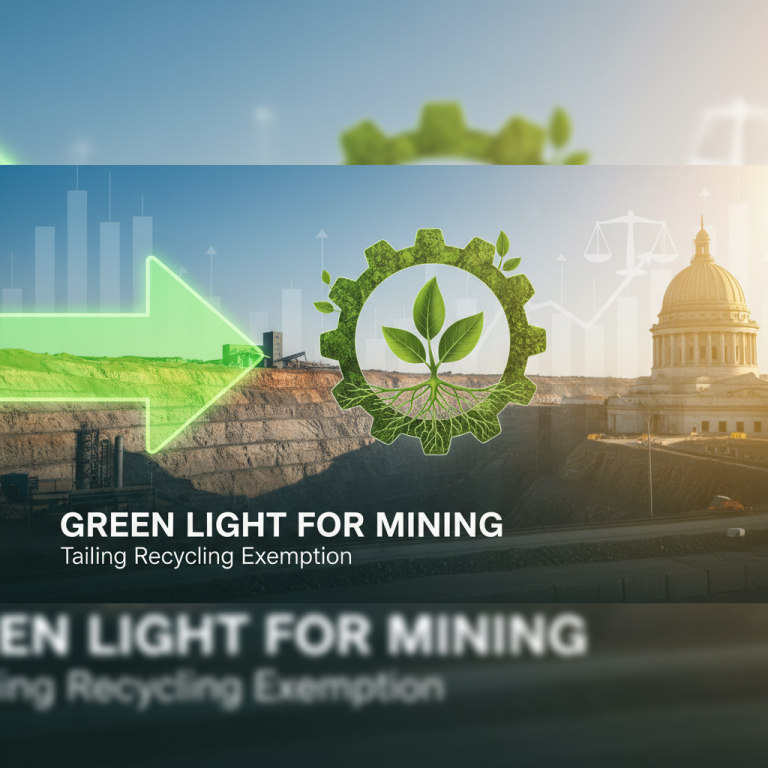 An image symbolizing policy changes in mining, featuring a mine pit, a green arrow, and a plant within a gear.