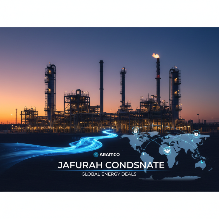 A modern oil refinery at dusk with an overlay of a global map and digital connections, symbolizing energy deals.