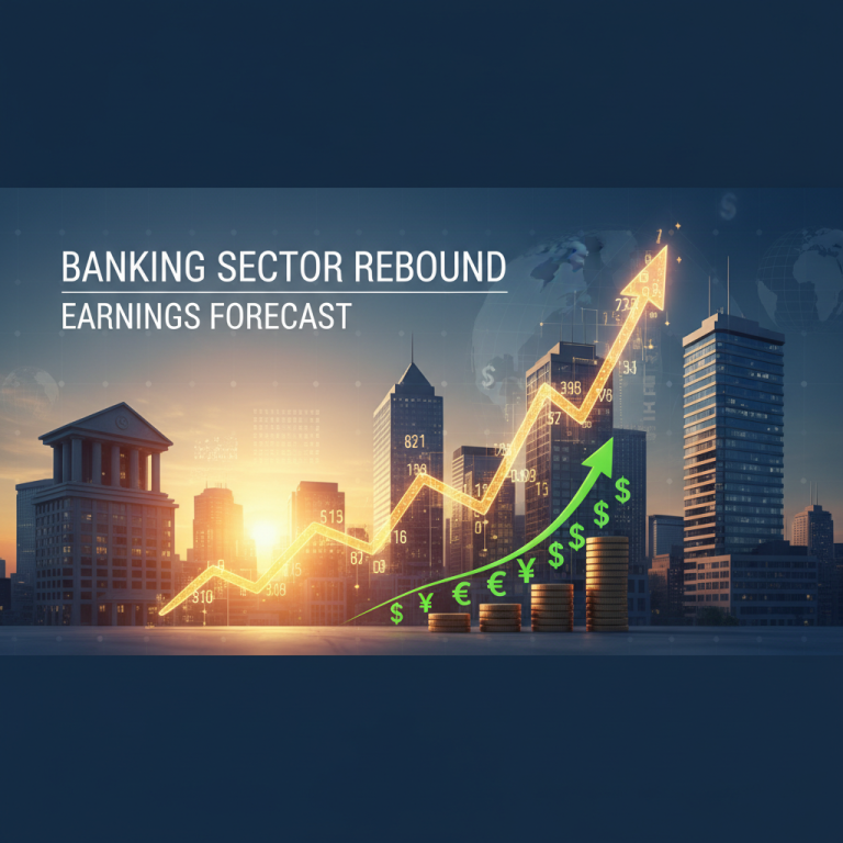 An upward-trending financial graph with currency symbols superimposed over a city skyline at dusk.