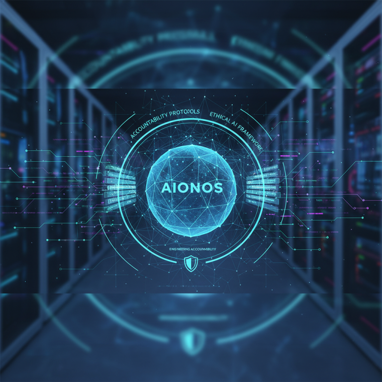 A central glowing blue sphere with "AIONOS" and "ENGINEERING ACCOUNTABILITY" surrounded by digital circuits.