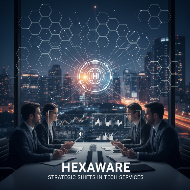 Business professionals in a boardroom with glowing tech graphics overlooking a cityscape at night.