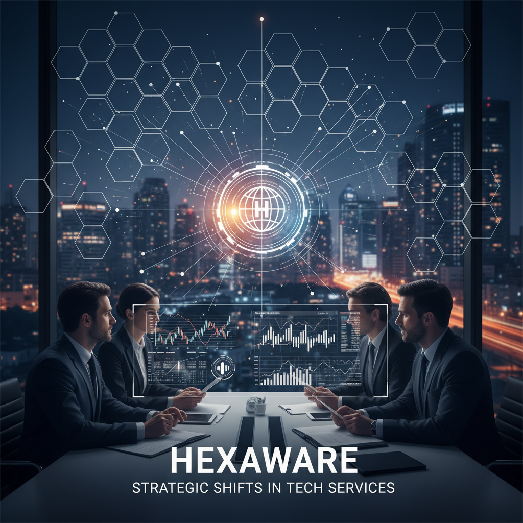 Business professionals in a boardroom with glowing tech graphics overlooking a cityscape at night.