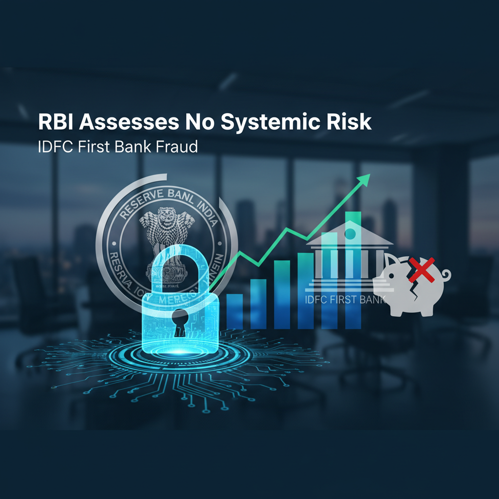 A digital lock with the RBI logo, a bar graph with an upward arrow, a bank icon, and a broken piggy bank.