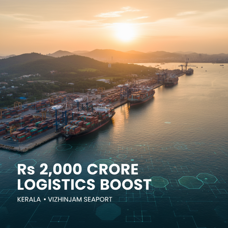 An aerial view of the bustling Vizhinjam Seaport at sunset, with cargo ships and containers.