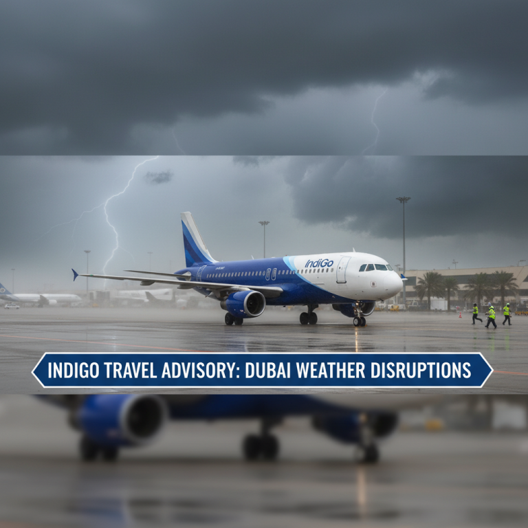 An IndiGo airplane on a rainy tarmac with lightning in a dark sky, representing travel disruptions.