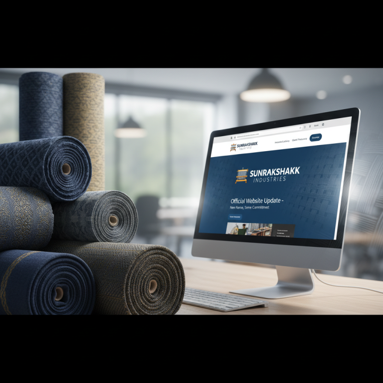 Computer displaying the updated Sunrakshakk Industries website, with textile rolls beside it.