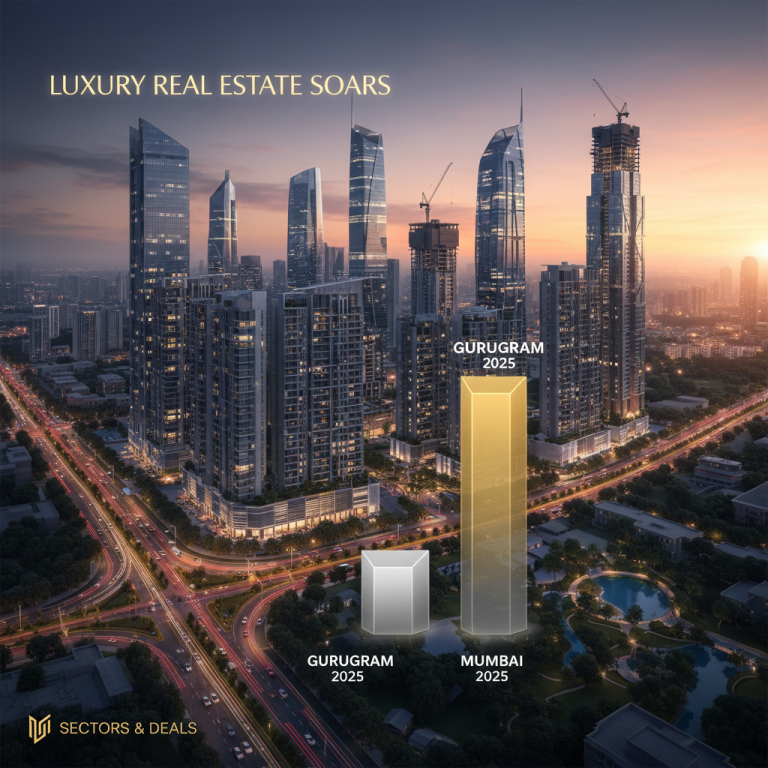 An image showing a futuristic cityscape with a bar graph comparing Gurugram and Mumbai's real estate.
