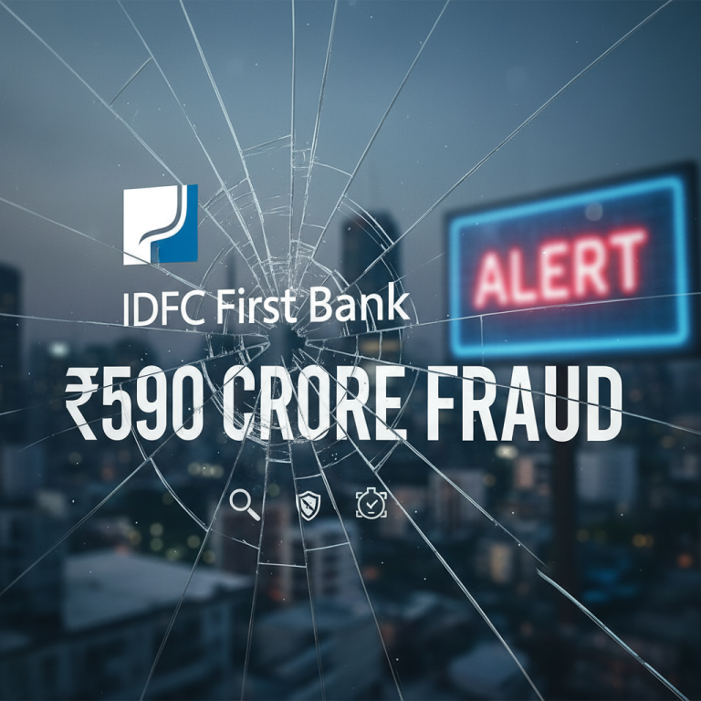 Image showing shattered glass over the IDFC First Bank logo and "₹590 Crore Fraud" text, symbolizing financial fraud.