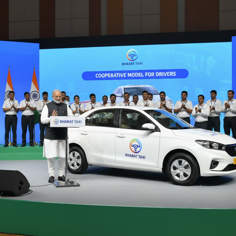 Amit Shah speaks at the Bharat Taxi launch event, standing next to a white taxi with drivers in the background.