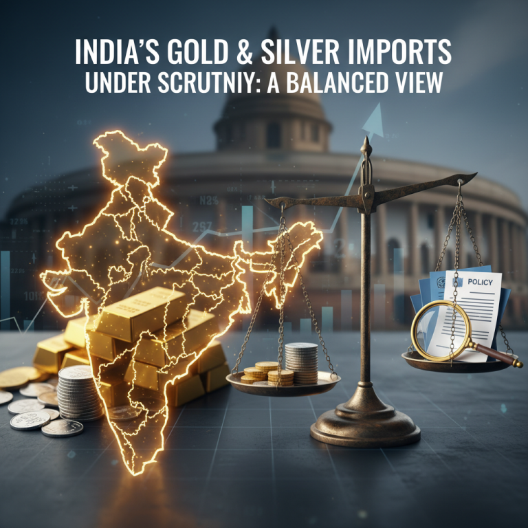 A professional image showing a map of India with gold bars, balanced scales, coins, a magnifying glass, and policy documents.
