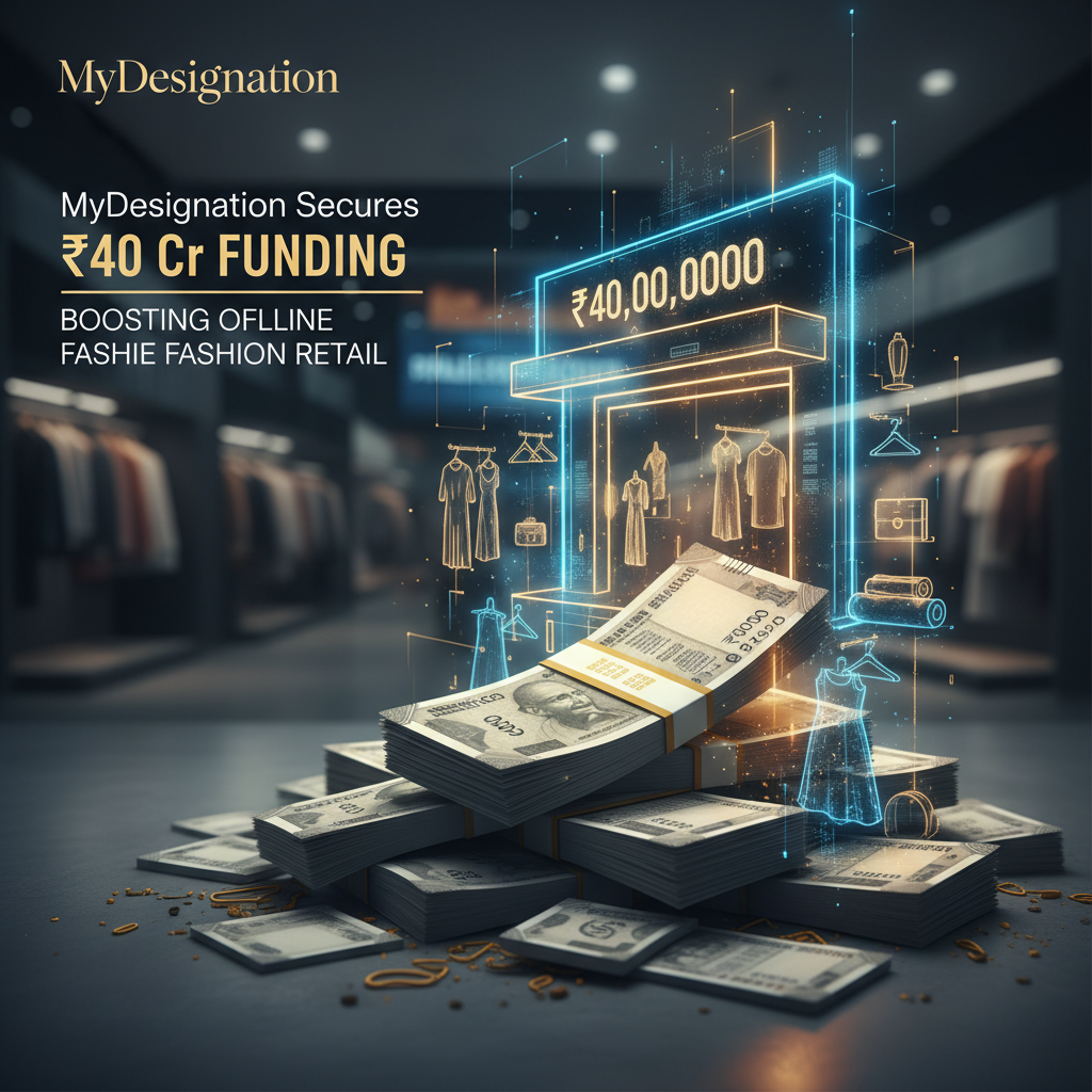 Stacks of Indian Rupee notes with holographic fashion retail elements, signifying investment in MyDesignation.