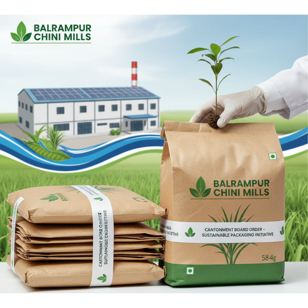 Hand places a seedling on eco-friendly packaging with a factory and solar panels in the background.