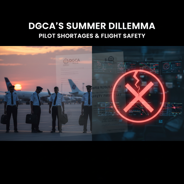 Pilots on a tarmac with a policy document and a broken safety symbol, representing DGCA's dilemma.