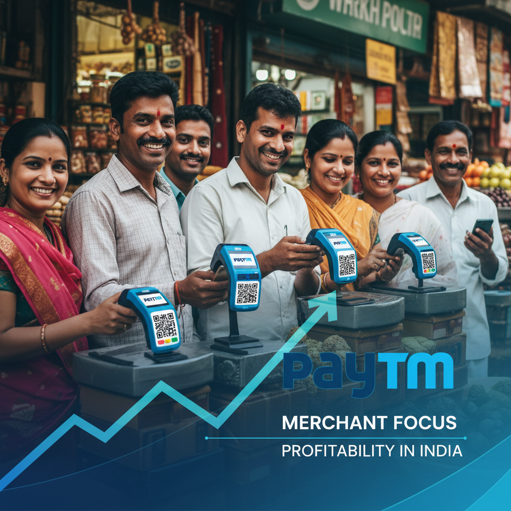 Indian merchants smile holding Paytm QR code payment devices, an upward trend arrow, and the Paytm logo.