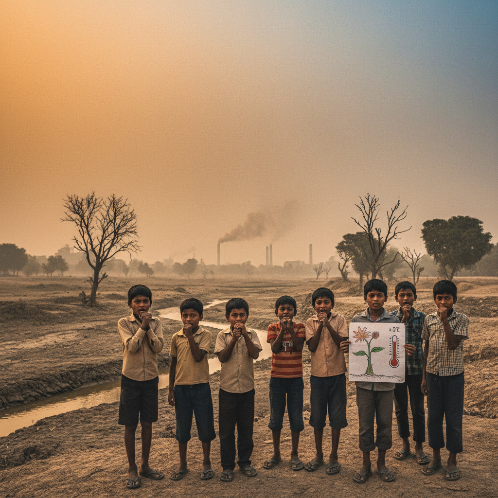 Seven children in rural India stand before a polluted landscape, one holding a drawing depicting a flower and a thermometer.
