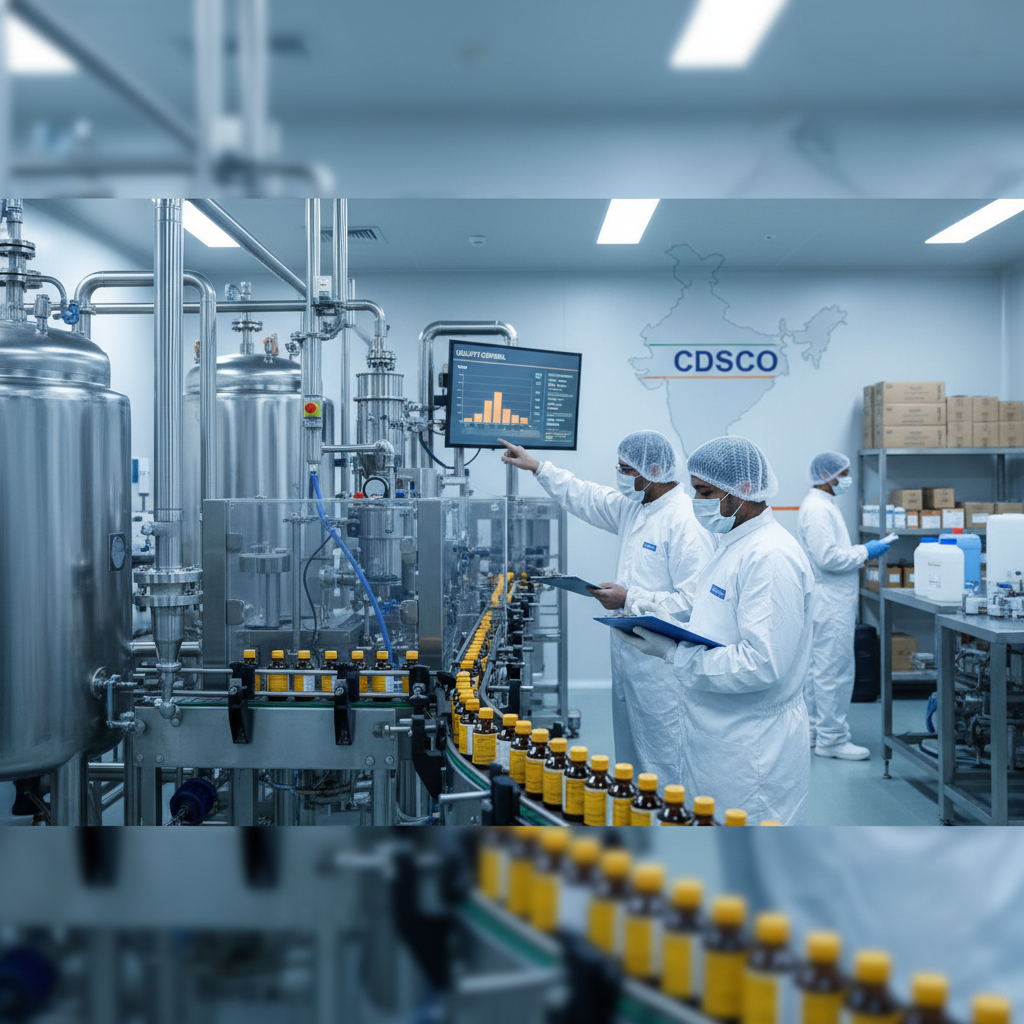A group of scientists in a pharmaceutical factory in India with cough syrup on a production line, overlooking quality control.