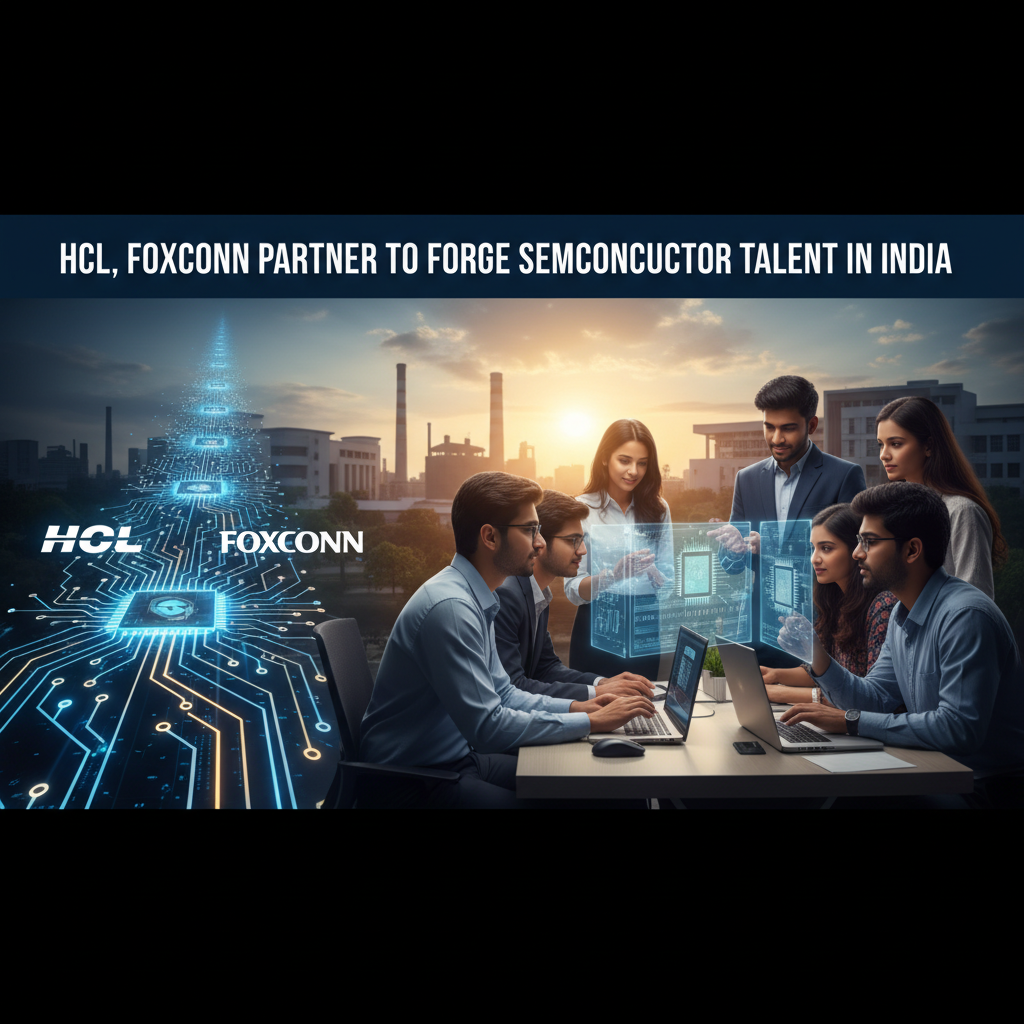 Professionals collaborating on semiconductor development, with HCL and Foxconn logos integrated into circuit board imagery.