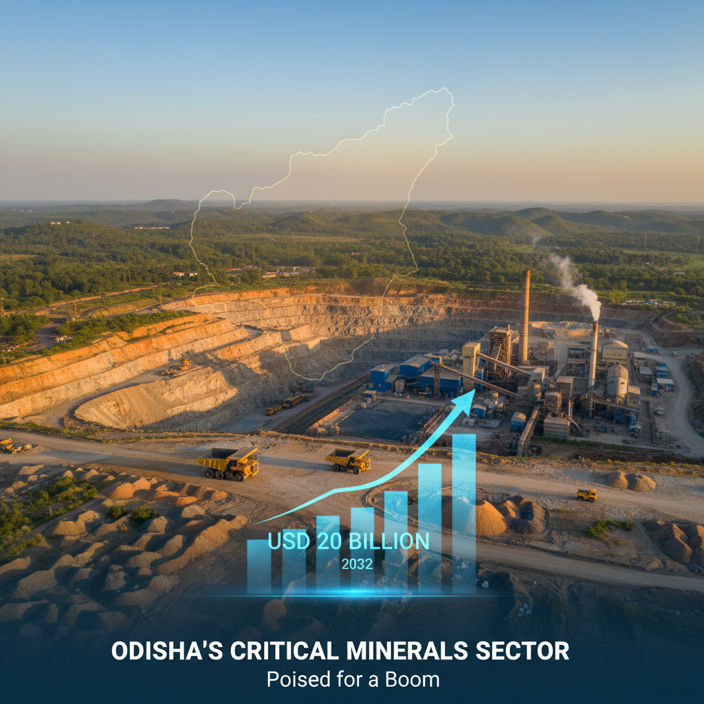 An aerial view of a large open-pit mine and processing plant in Odisha, with a superimposed economic growth chart.