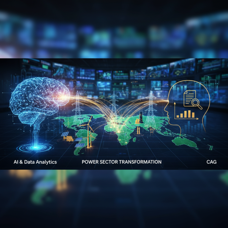 Digital brain, data analytics profile, energy infrastructure over a world map, representing AI's role in power.