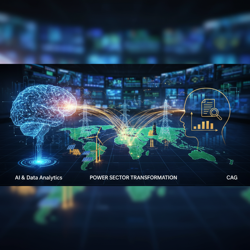 Digital brain, data analytics profile, energy infrastructure over a world map, representing AI's role in power.
