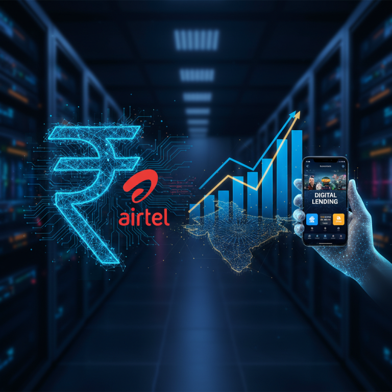 A digital rupee symbol next to the Airtel logo, with a rising bar chart and a hand holding a phone displaying "Digital Lending" over a map of India.