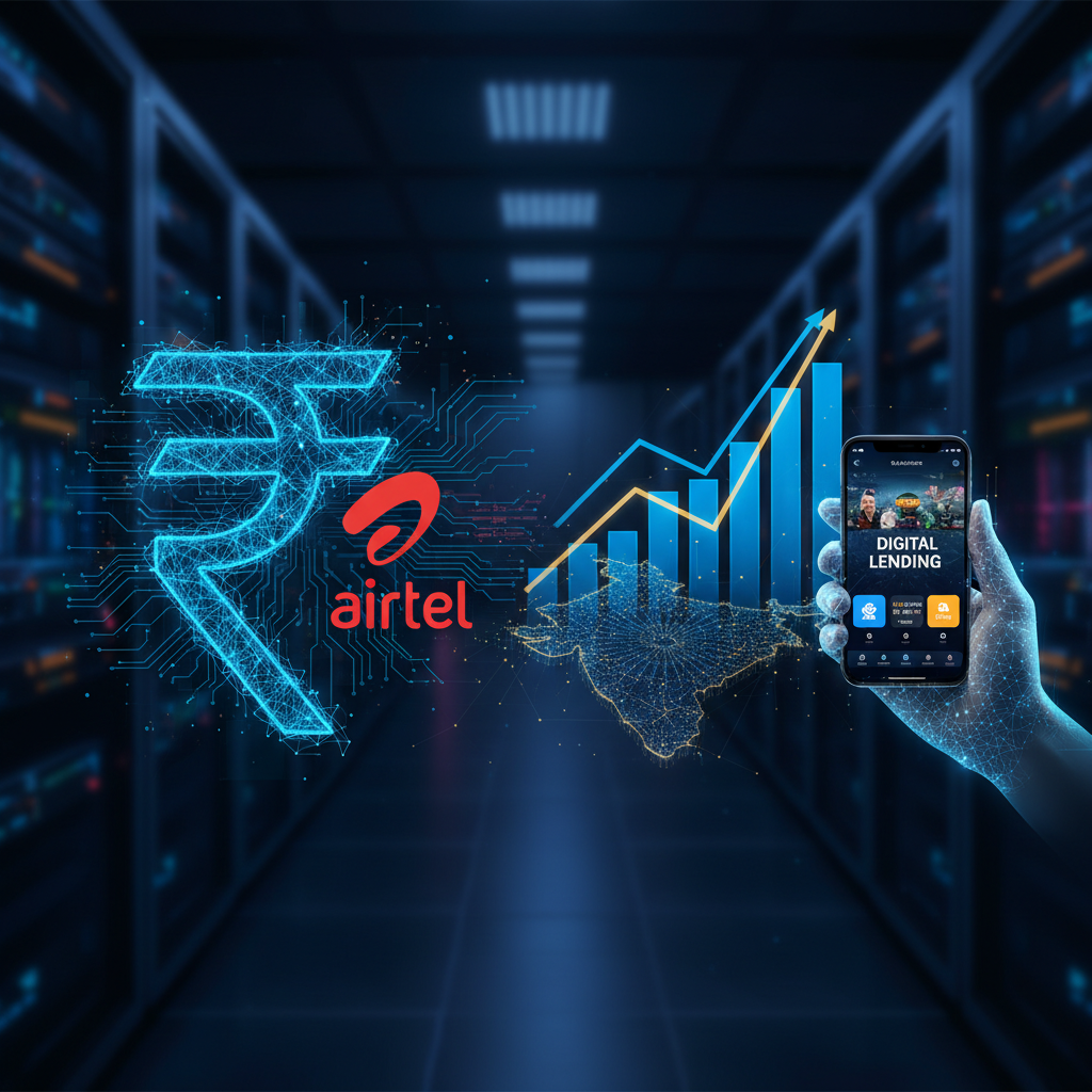 A digital rupee symbol next to the Airtel logo, with a rising bar chart and a hand holding a phone displaying "Digital Lending" over a map of India.