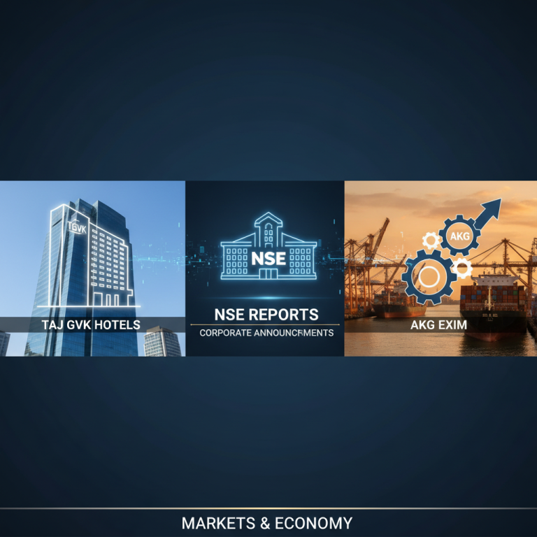 A professional image representing the NSE and corporate announcements from Taj GVK Hotels and AKG Exim.