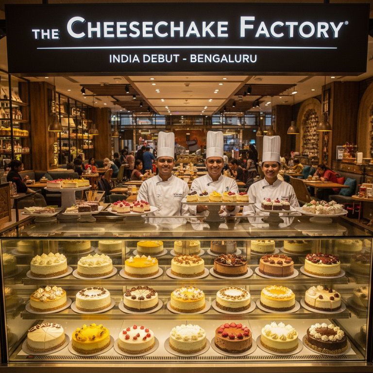 A professional image of various cheesecakes on display with chefs from The Cheesecake Factory in the background.