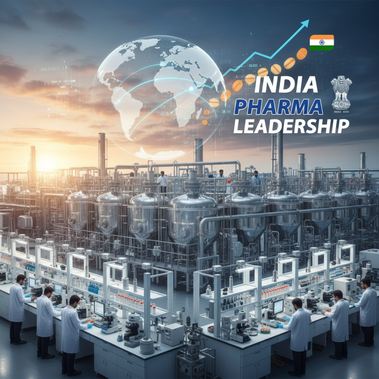 An Indian pharmaceutical manufacturing plant with scientists and a global supply chain graphic.