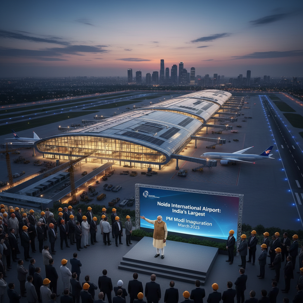 PM Modi on a stage, addressing a crowd of officials and workers with a newly built airport terminal in the background.