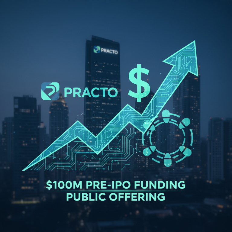 A stylized digital arrow pointing up, overlaid on a city skyline with "Practo" logo on a building, signifying growth and IPO.